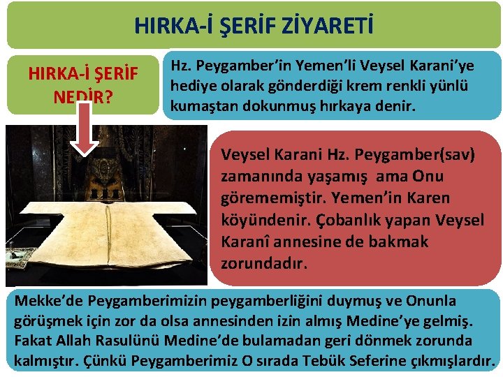 HIRKA-İ ŞERİF ZİYARETİ HIRKA-İ ŞERİF NEDİR? Hz. Peygamber’in Yemen’li Veysel Karani’ye hediye olarak gönderdiği