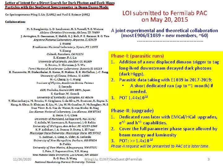 LOI submitted to Fermilab PAC on May 20, 2015 A joint experimental and theoretical