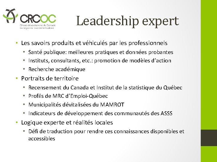Leadership expert • Les savoirs produits et véhiculés par les professionnels • Santé publique: