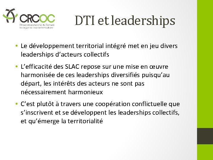 DTI et leaderships • Le développement territorial intégré met en jeu divers leaderships d’acteurs