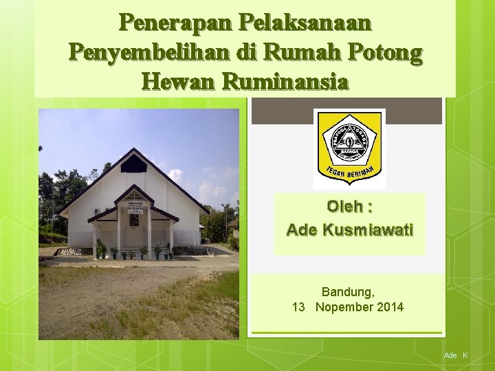 Penerapan Pelaksanaan Penyembelihan di Rumah Potong Hewan Ruminansia Oleh : Ade Kusmiawati Bandung, 13