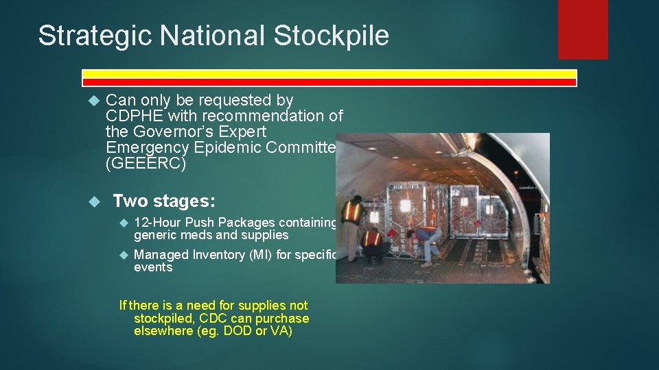 Strategic National Stockpile Can only be requested by CDPHE with recommendation of the Governor’s