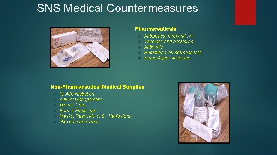SNS Medical Countermeasures § Pharmaceuticals § Antibiotics (Oral and IV) Vaccines and Antitoxins Antivirals