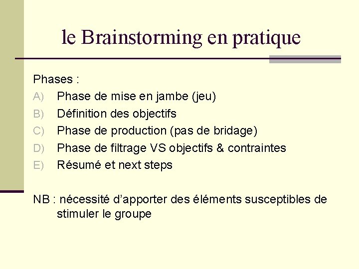 le Brainstorming en pratique Phases : A) Phase de mise en jambe (jeu) B) le Brainstorming en pratique Phases : A) Phase de mise en jambe (jeu) B)