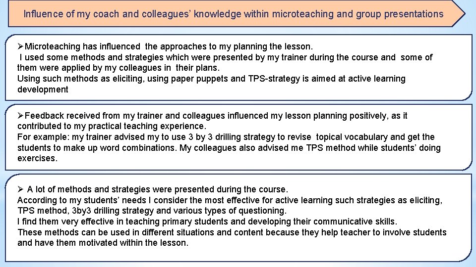Influence of my coach and colleagues’ knowledge within microteaching and group presentations ØMicroteaching has
