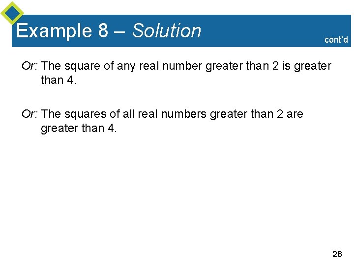 Example 8 – Solution cont’d Or: The square of any real number greater than