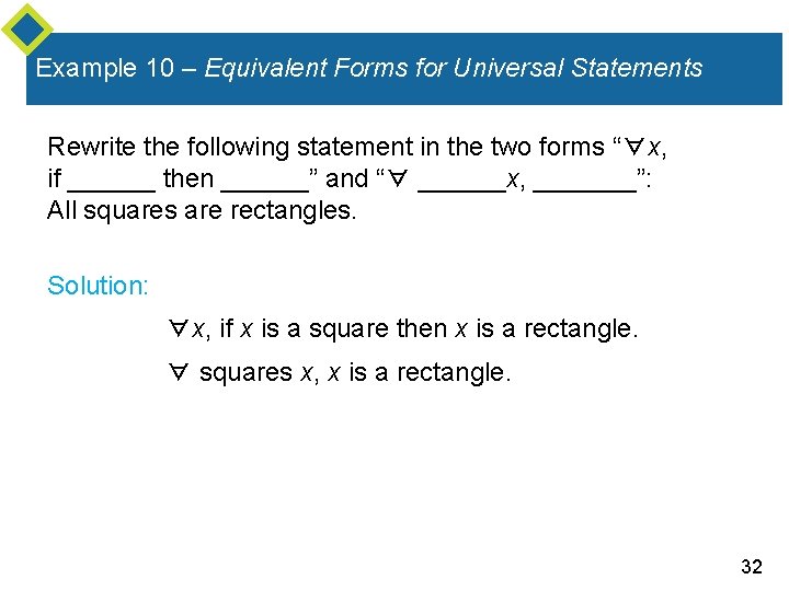 Example 10 – Equivalent Forms for Universal Statements Rewrite the following statement in the