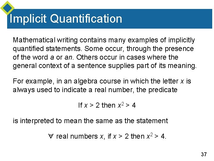 Implicit Quantification Mathematical writing contains many examples of implicitly quantified statements. Some occur, through