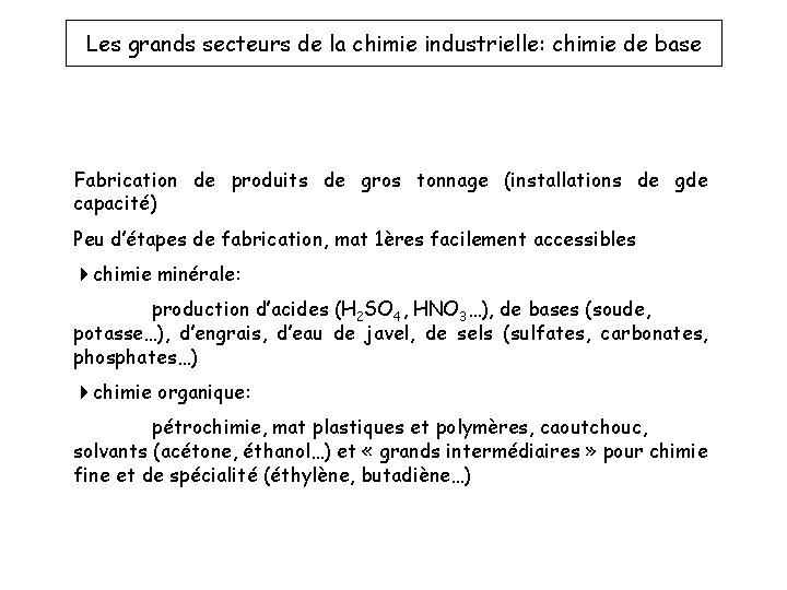 Les grands secteurs de la chimie industrielle: chimie de base Fabrication de produits de