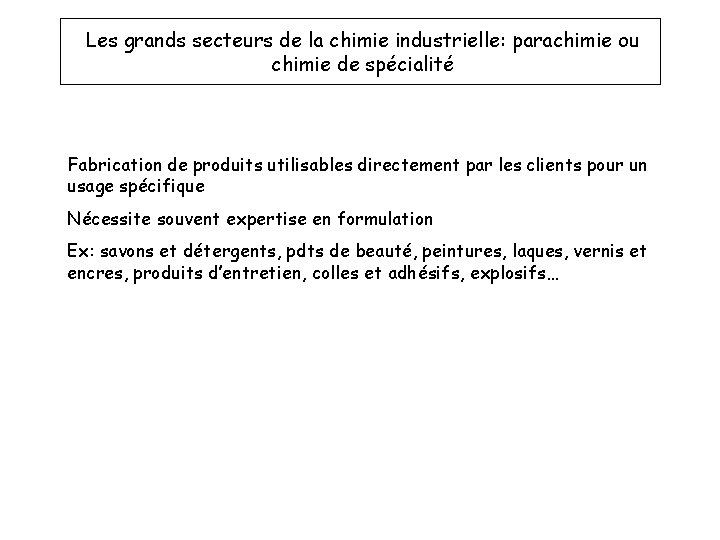 Les grands secteurs de la chimie industrielle: parachimie ou chimie de spécialité Fabrication de