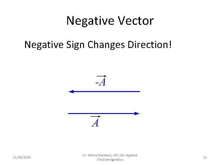 Negative Vector Negative Sign Changes Direction! 11/25/2020 Dr. Milica Markovic, EEE 161 Applied Electromagnetics