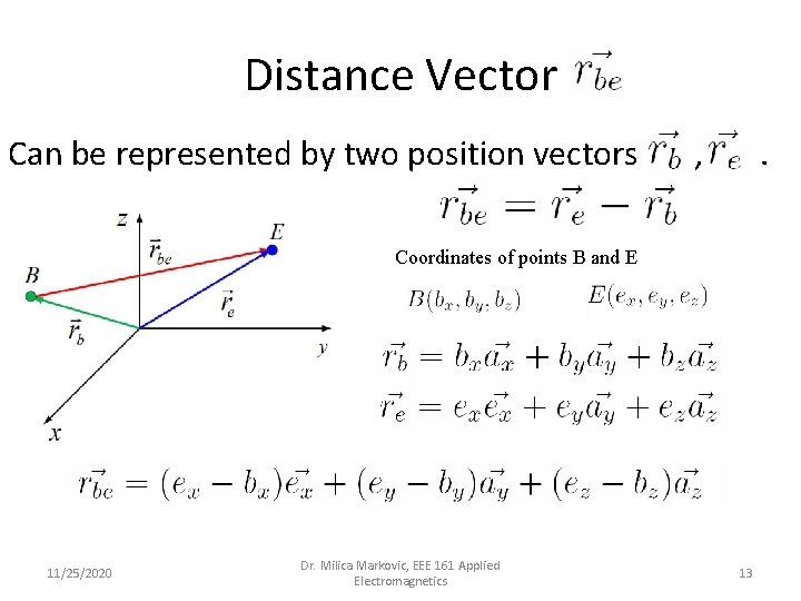 Distance Vector Can be represented by two position vectors , . Coordinates of points