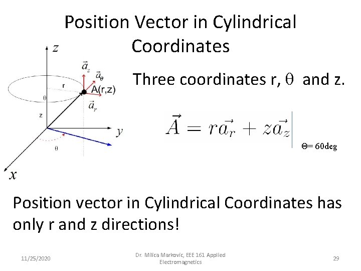 Position Vector in Cylindrical Coordinates Three coordinates r, θ and z. Θ= 60 deg