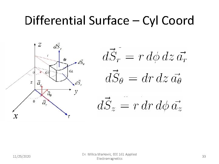 Differential Surface – Cyl Coord 11/25/2020 Dr. Milica Markovic, EEE 161 Applied Electromagnetics 33