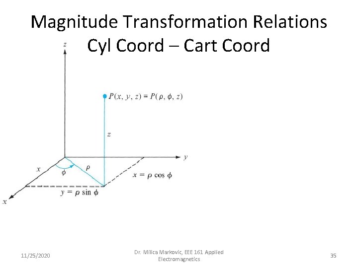 Magnitude Transformation Relations Cyl Coord – Cart Coord 11/25/2020 Dr. Milica Markovic, EEE 161