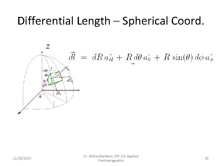 Differential Length – Spherical Coord. 11/25/2020 Dr. Milica Markovic, EEE 161 Applied Electromagnetics 39