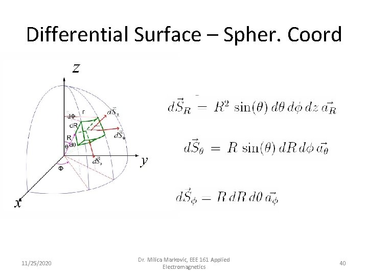 Differential Surface – Spher. Coord 11/25/2020 Dr. Milica Markovic, EEE 161 Applied Electromagnetics 40