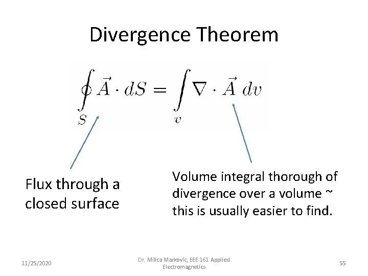 Divergence Theorem Flux through a closed surface 11/25/2020 Volume integral thorough of divergence over