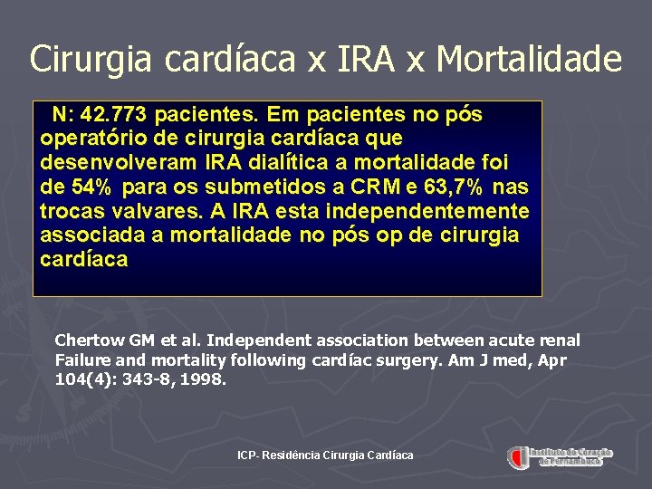 Cirurgia cardíaca x IRA x Mortalidade N: 42. 773 pacientes. Em pacientes no pós
