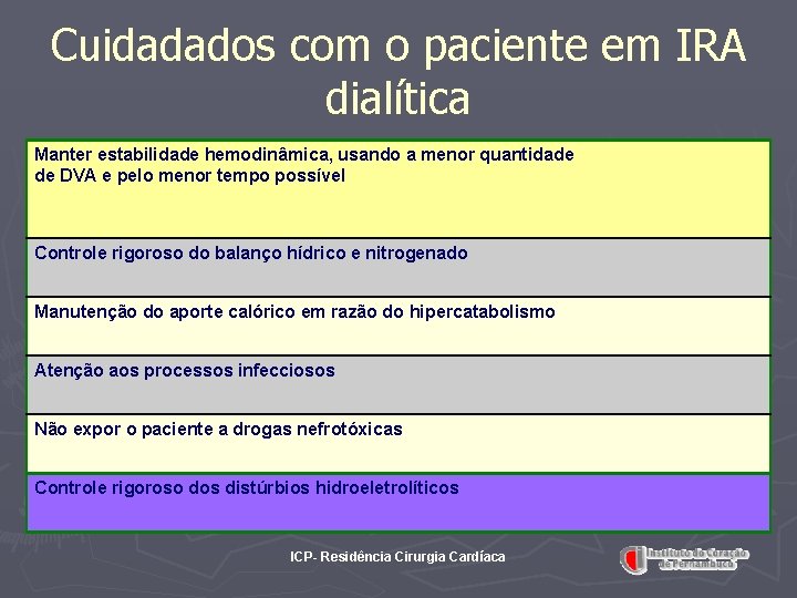 Cuidadados com o paciente em IRA dialítica Manter estabilidade hemodinâmica, usando a menor quantidade Cuidadados com o paciente em IRA dialítica Manter estabilidade hemodinâmica, usando a menor quantidade