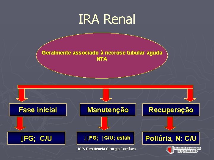 IRA Renal Geralmente associado à necrose tubular aguda NTA Fase inicial ↓FG; C/U Manutenção