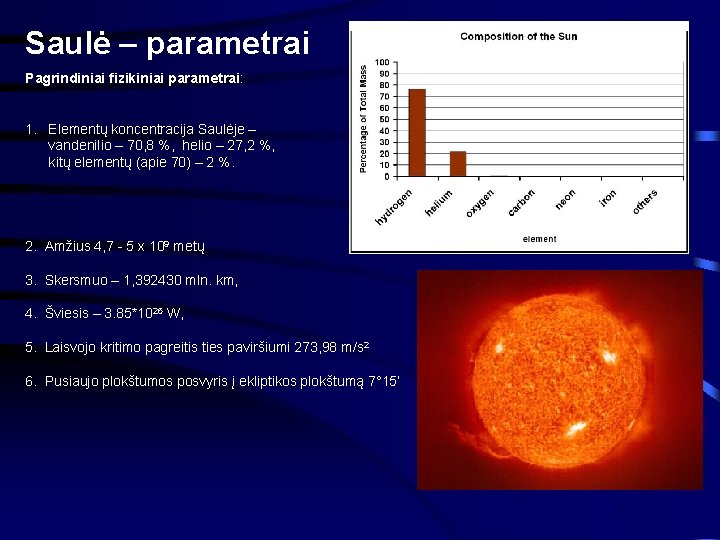 Saulė – parametrai Pagrindiniai fizikiniai parametrai: 1. Elementų koncentracija Saulėje – vandenilio – 70,