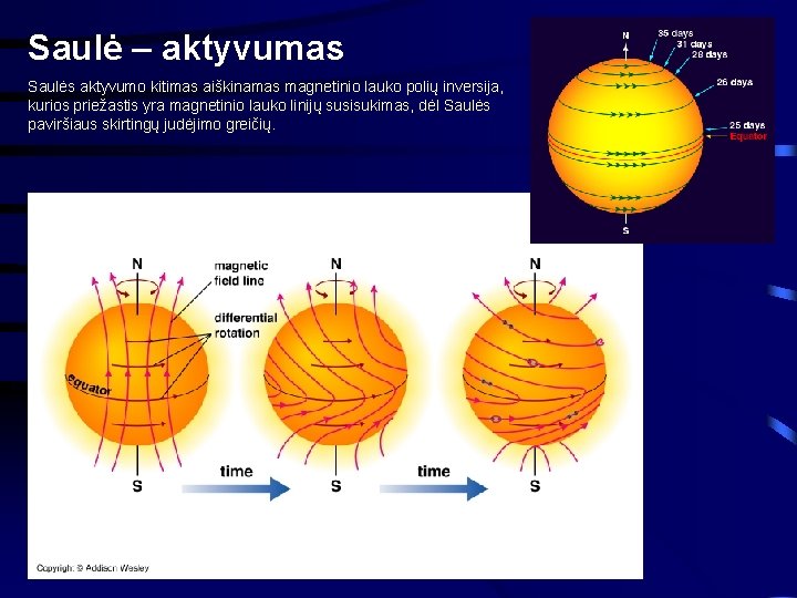 Saulė – aktyvumas Saulės aktyvumo kitimas aiškinamas magnetinio lauko polių inversija, kurios priežastis yra