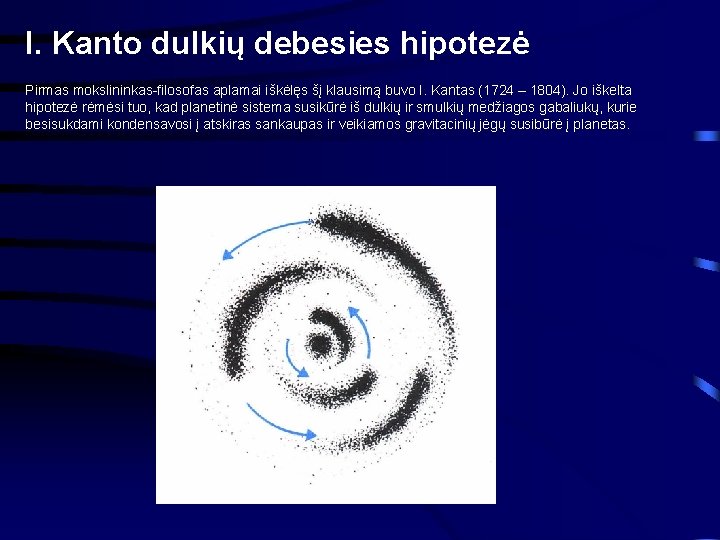 I. Kanto dulkių debesies hipotezė Pirmas mokslininkas-filosofas aplamai iškėlęs šį klausimą buvo I. Kantas