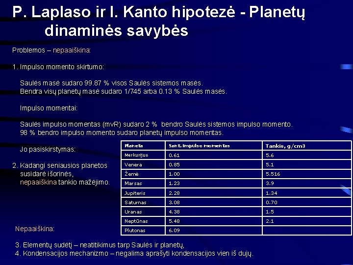 P. Laplaso ir I. Kanto hipotezė - Planetų dinaminės savybės Problemos – nepaaiškina: 1.