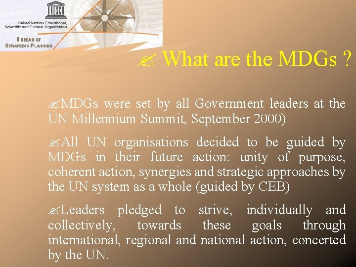What are the MDGs ? MDGs were set by all Government leaders at What are the MDGs ? MDGs were set by all Government leaders at