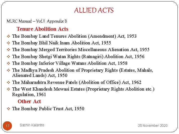 ALLIED ACTS MLRC Manual – Vol. II Appendix B Tenure Abolition Acts v The