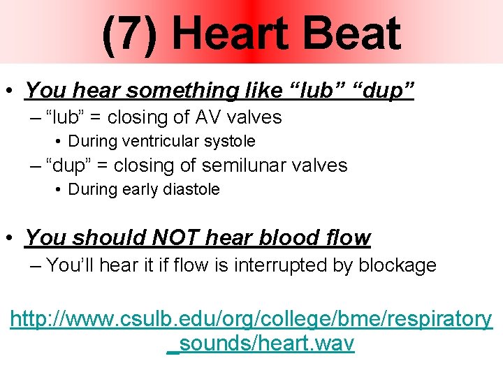 (7) Heart Beat • You hear something like “lub” “dup” – “lub” = closing