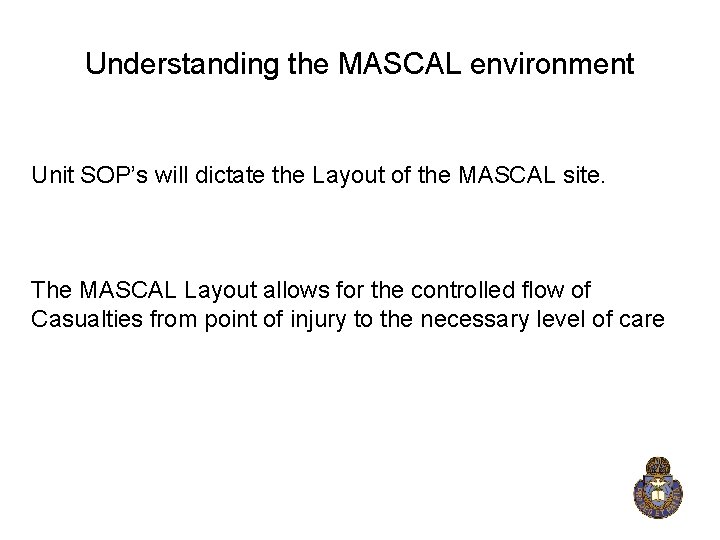 Understanding the MASCAL environment Unit SOP’s will dictate the Layout of the MASCAL site.