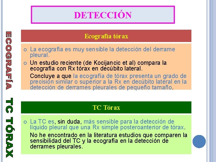 DETECCIÓN Ecografía tórax La ecografía es muy sensible la detección del derrame pleural. Un