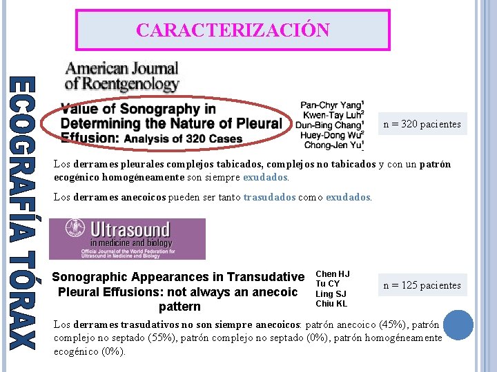 CARACTERIZACIÓN n = 320 pacientes Los derrames pleurales complejos tabicados, complejos no tabicados y