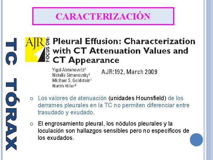 CARACTERIZACIÓN Los valores de atenuación (unidades Hounsfield) de los derrames pleurales en la TC