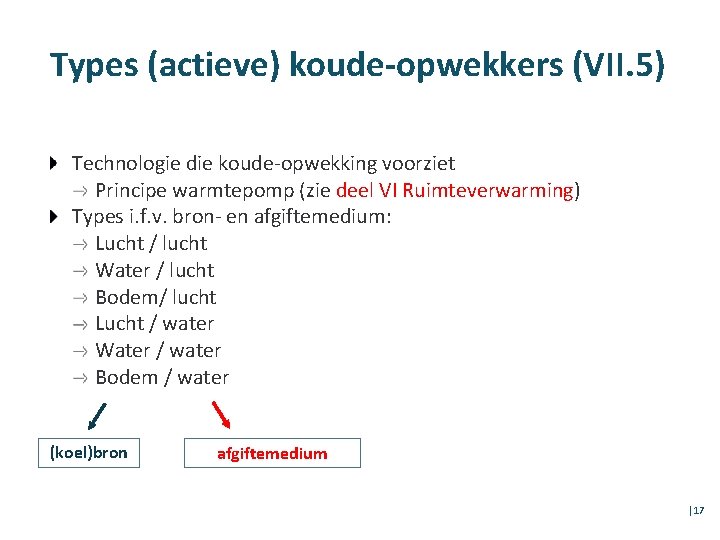 Types (actieve) koude-opwekkers (VII. 5) Technologie die koude-opwekking voorziet Principe warmtepomp (zie deel VI
