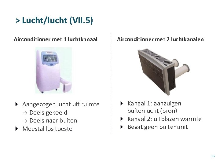 > Lucht/lucht (VII. 5) Airconditioner met 1 luchtkanaal Aangezogen lucht uit ruimte Deels gekoeld