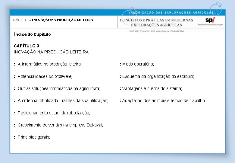 CAPÍTULO 3 ● INOVAÇÃO NA PRODUÇÃO LEITEIRA Índice do Capítulo CAPÍTULO 3 INOVAÇÃO NA