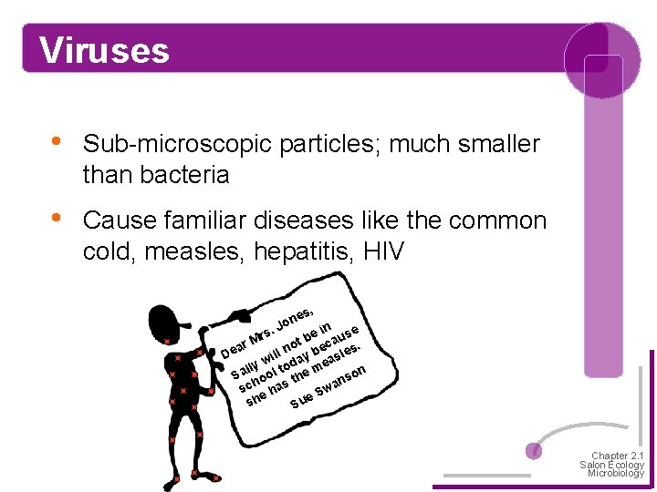 Viruses • Sub-microscopic particles; much smaller than bacteria • Cause familiar diseases like the