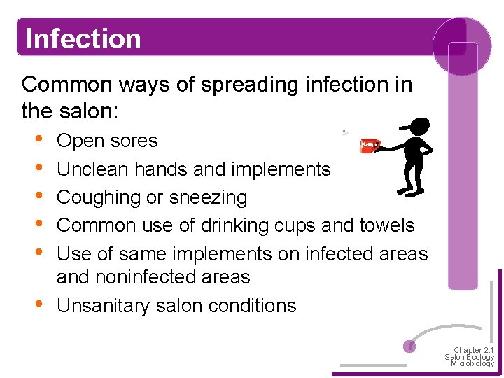 Infection Common ways of spreading infection in the salon: • • • Open sores
