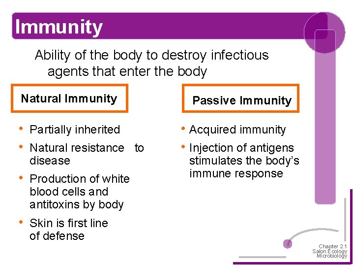 Immunity Ability of the body to destroy infectious agents that enter the body Natural