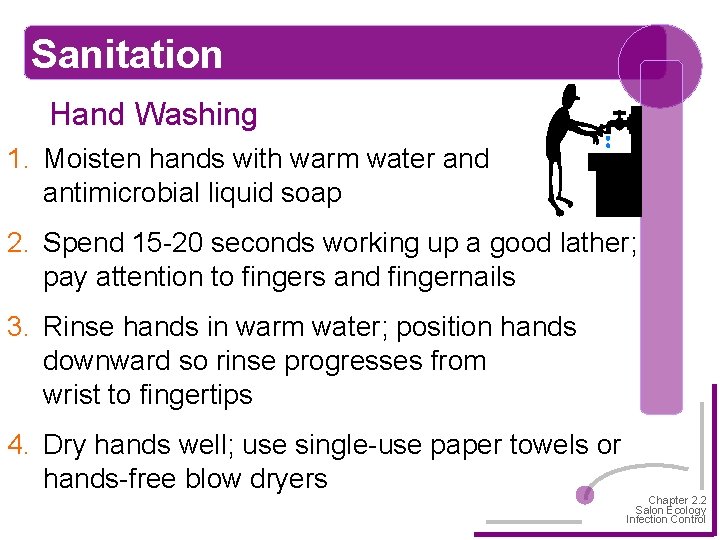 Sanitation Hand Washing 1. Moisten hands with warm water and antimicrobial liquid soap 2.