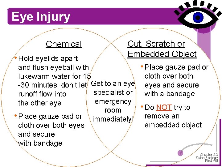 Eye Injury Chemical • Hold eyelids apart Cut, Scratch or Embedded Object and flush