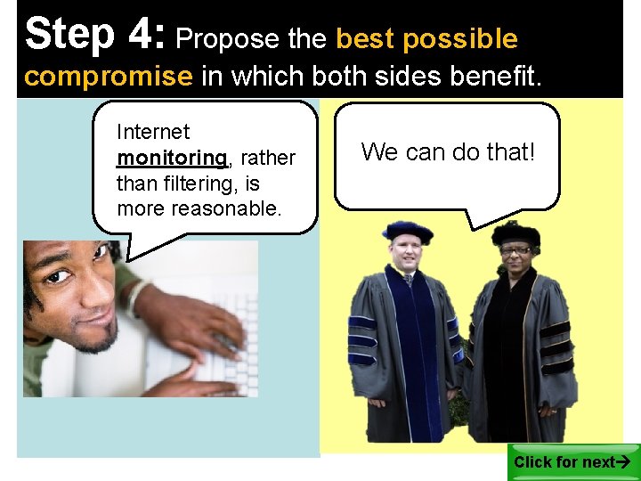 Step 4: Propose the best possible compromise in which both sides benefit. Internet monitoring,