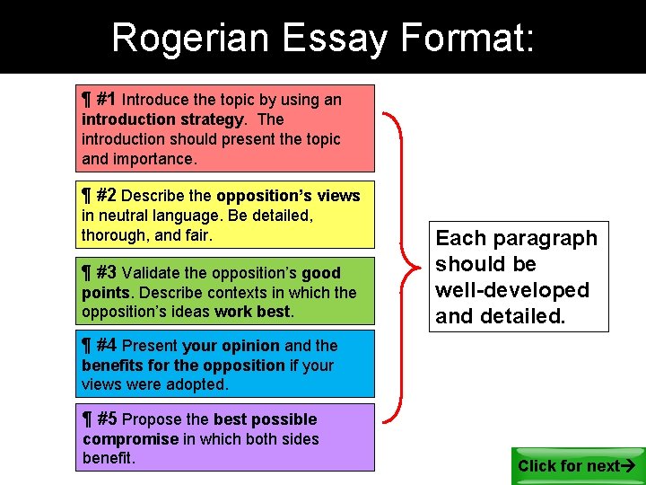 Rogerian Essay Format: ¶ #1 Introduce the topic by using an introduction strategy. The