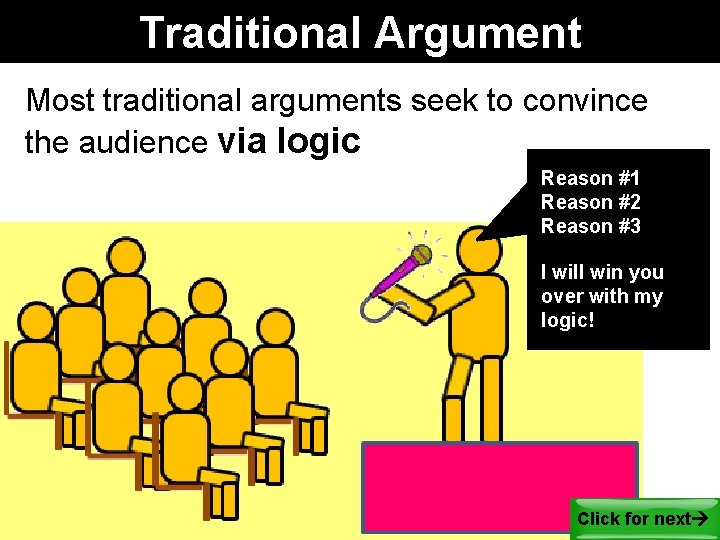 Traditional Argument Most traditional arguments seek to convince the audience via logic Reason #1 Traditional Argument Most traditional arguments seek to convince the audience via logic Reason #1
