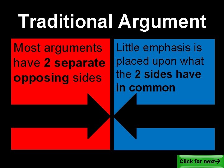 Traditional Argument Most arguments Little emphasis is have 2 separate placed upon what opposing Traditional Argument Most arguments Little emphasis is have 2 separate placed upon what opposing