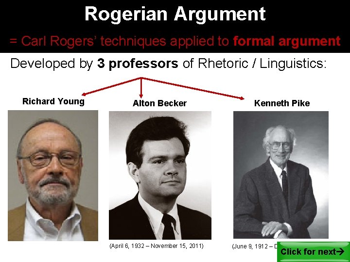 Rogerian Argument = Carl Rogers’ techniques applied to formal argument Developed by 3 professors Rogerian Argument = Carl Rogers’ techniques applied to formal argument Developed by 3 professors