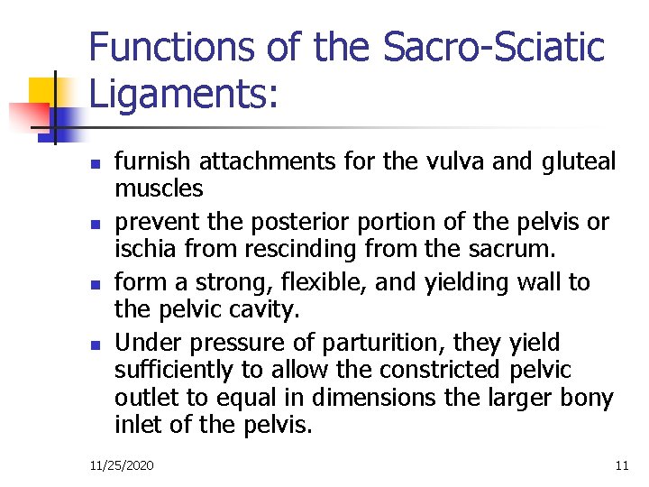 Functions of the Sacro-Sciatic Ligaments: n n furnish attachments for the vulva and gluteal